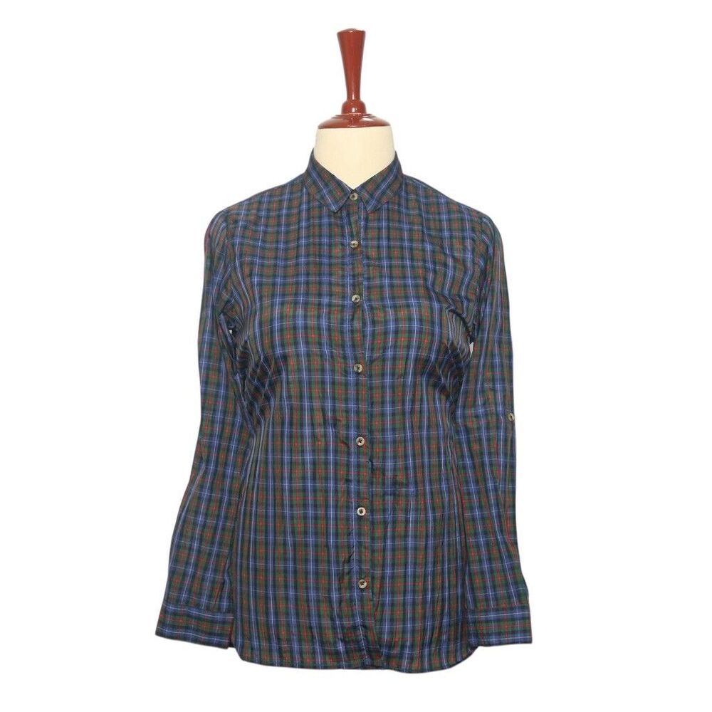 Womens Silky Shirt Green Blue Red Tartan Plaid Blouse Button Up Dress Top Medium